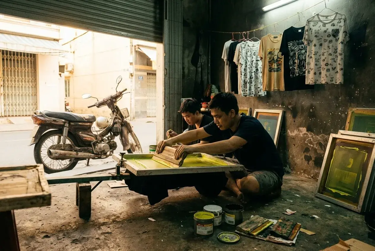 Bàn in, khung lụa, áo phơi 1