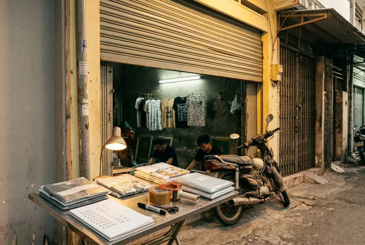 Bàn in, khung lụa, áo phơi 5